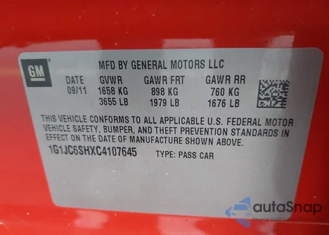 2012 Chevrolet Sonic 2Lt z USA, uszkodzony, nr VIN 1G1JC6SHXC4107645